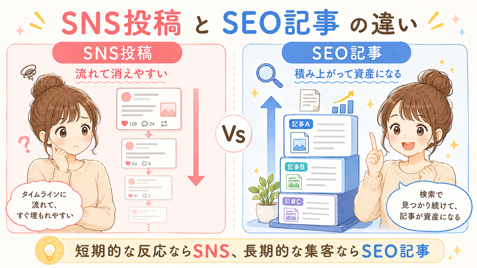 SNS投稿が流れていくイメージとSEO記事が積み上がるイメージ