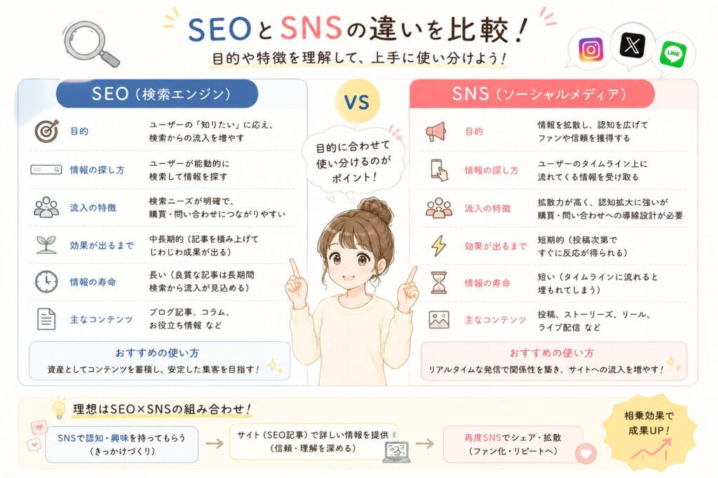 【初心者向け】SEOとSNSの違いとは？集客で失敗しない使い分けを解説